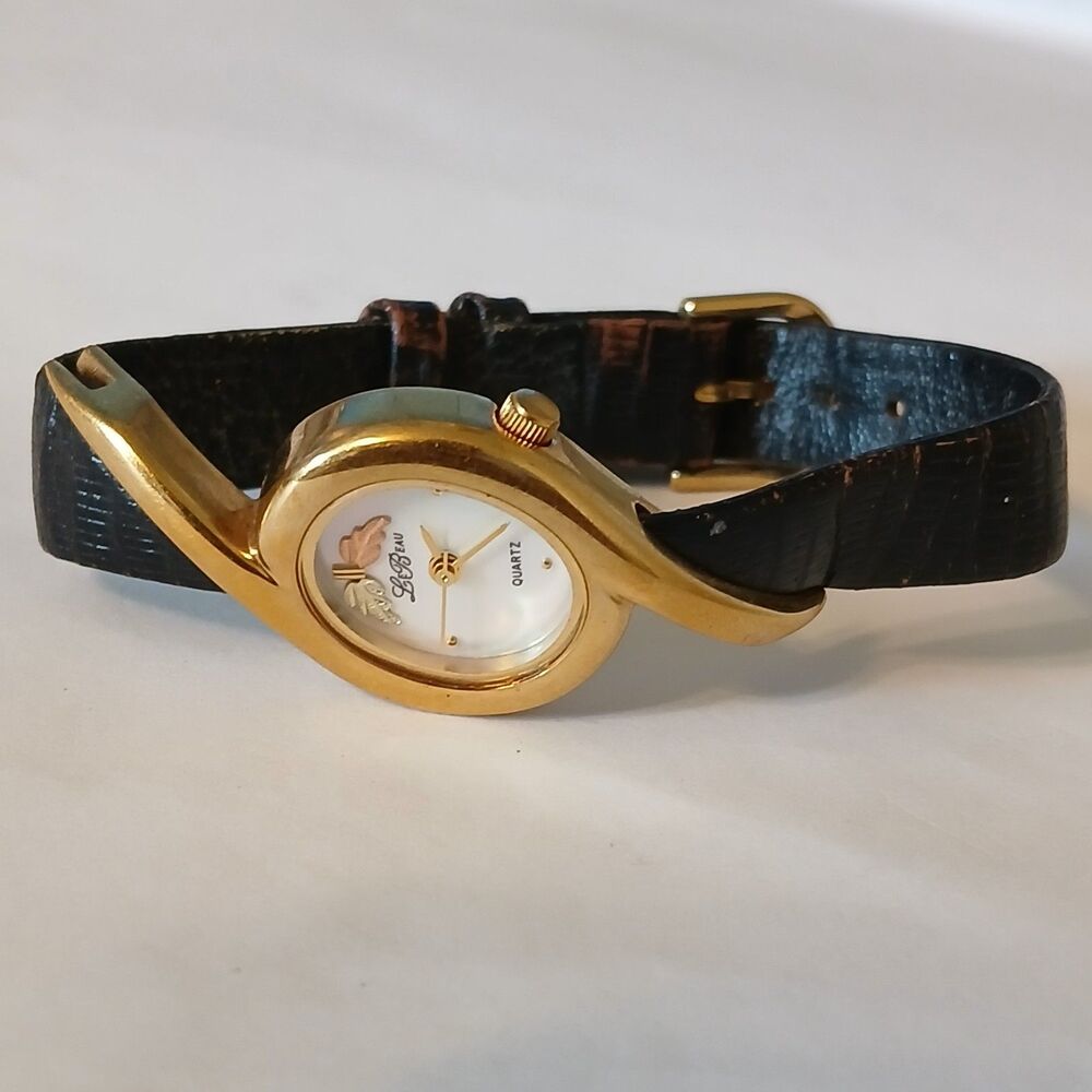 Vintage LeBeau Black Hills Gold Ladies MOP Dial Quartz Watch Leather Band
